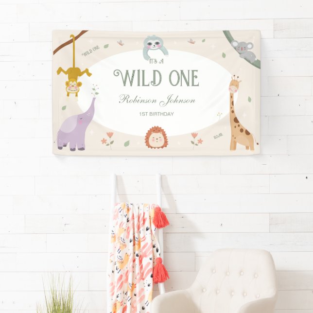 Moderne Niedliche Wildtiere 1. Geburtstag Banner (Insitu)