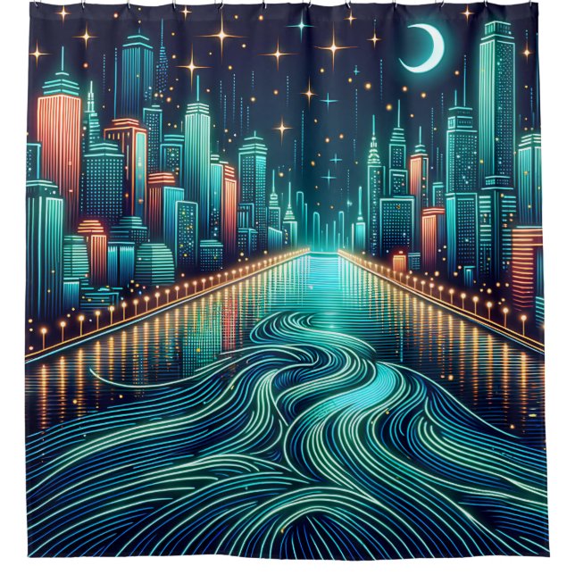 "Moderne Nightscape Mitte des Jahrhunderts" Duschvorhang (Vorderseite)