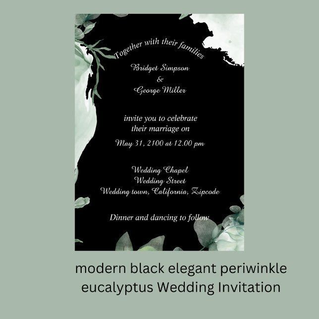 moderne noir élégant Faire-part de mariage perwink (modern black elegant periwinkle eucalyptus Wedding Invitation by wedding Hobinishop)