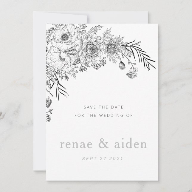 Moderne noir et blanc floral enregistrer la carte  (Devant)