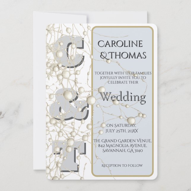Moderne Nonkonformistin Pearl Gold Script Wedding Einladung (Vorderseite)