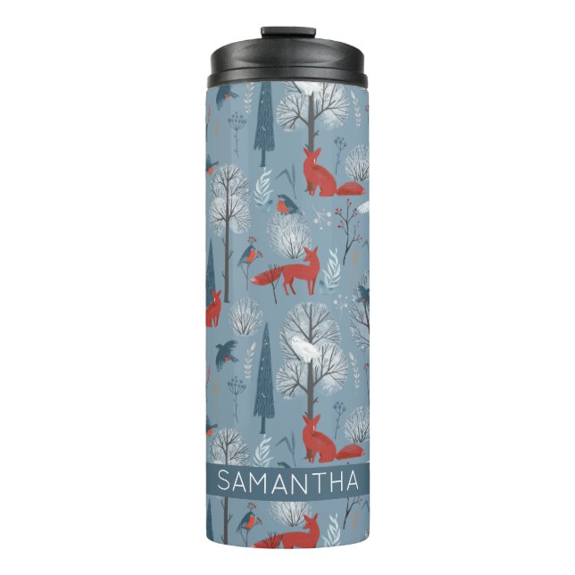Moderne nordische Schneewaldfresser Vogelmuster Thermosbecher (Vorderseite)