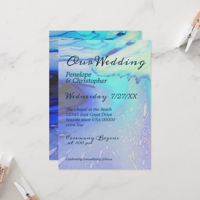 Moderne Ocean Water Blue Abstrakt Beach Hochzeit Einladung (Vorderseite/Rückseite Beispiel)