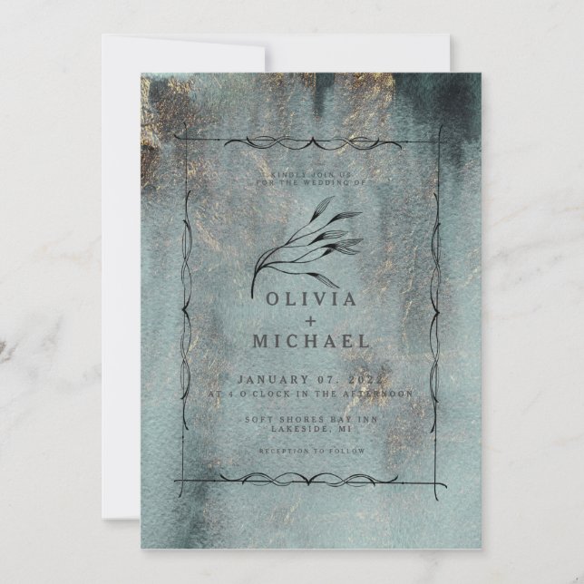 Moderne Oceanic Aquamarin Watercolor mit Goldene H Einladung (Vorderseite)