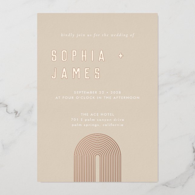 Moderne Ochre Orange Boho Arch Wedding Folieneinladung (Vorderseite)