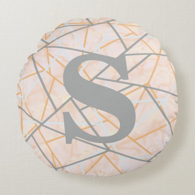 Moderne Ocker- und Gray Geometric Lines Rundes Kissen (Vorderseite)