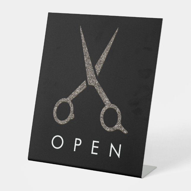 moderne OFFEN-Flaggenschere - Friseur Sockelschild (Vorderseite)