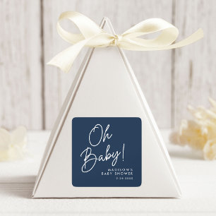 Moderne Oh Baby Schrift Navy Baby Shower Quadratischer Aufkleber