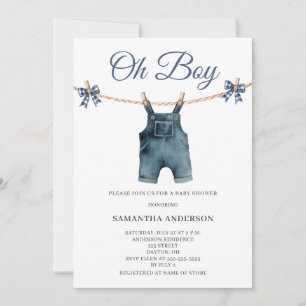 Moderne Oh-Junge-Blaue-Overall-Baby-Party Einladung