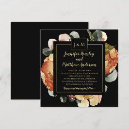 Moderne Oktoberblüte auf Black Monogram Wedding Einladung
