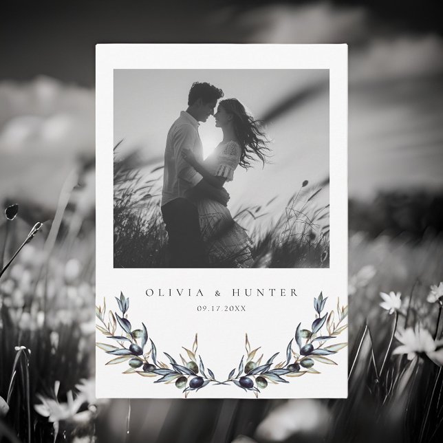 Moderne Olive Branch Black and White Foto Hochzeit Einladung (Von Creator hochgeladen)