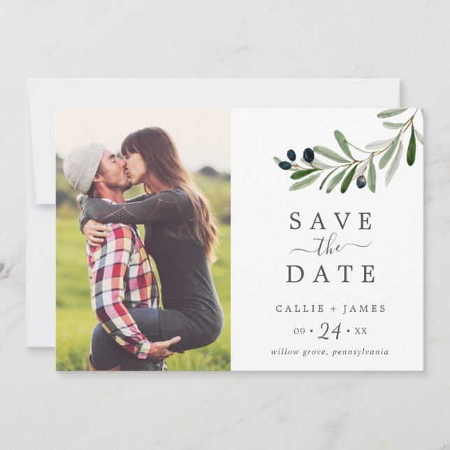 Moderne Olive Branch Foto Save the Date Karte (Vorderseite)