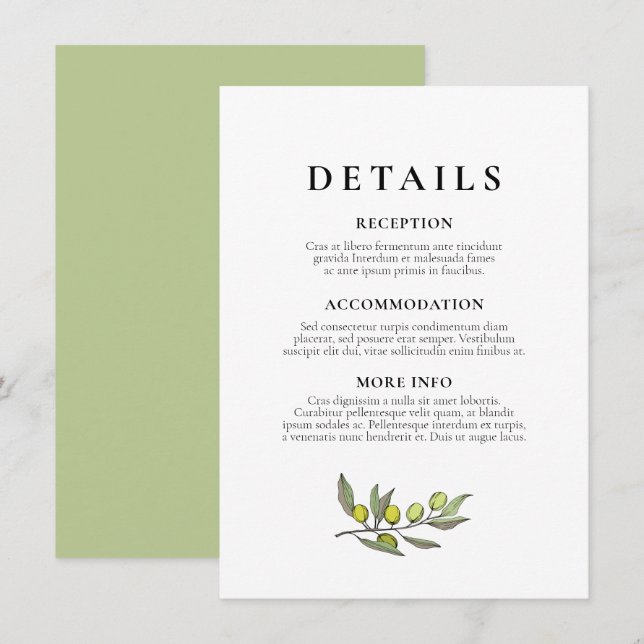 Moderne Olive Branch Hochzeitsgast-Informationen Begleitkarte (Vorne/Hinten)