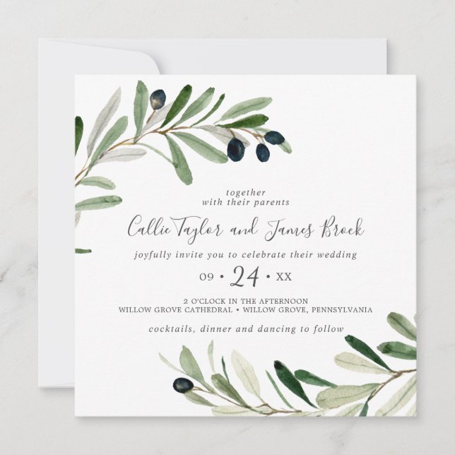 Moderne Olive Branch Square Hochzeit Einladung (Vorderseite)