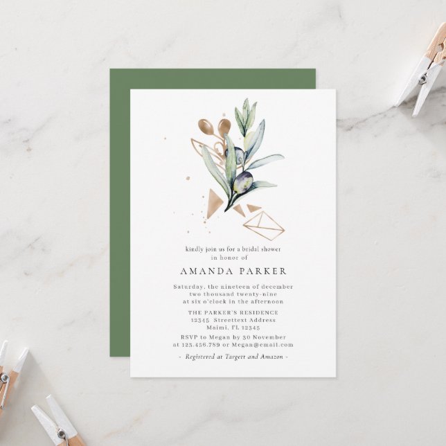 Moderne Olive Golden Branch Bridal DuscheEinladung Einladung (Vorderseite/Rückseite Beispiel)