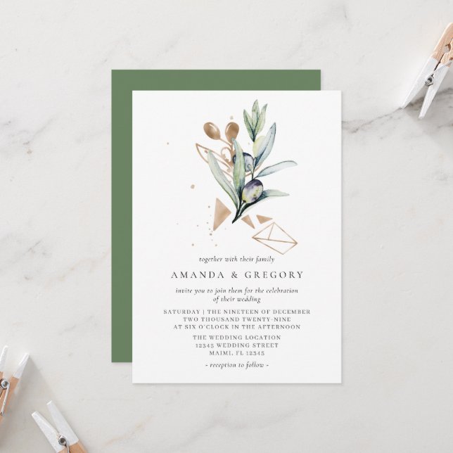 Moderne Olive Golden Branch Hochzeit Einladung (Vorderseite/Rückseite Beispiel)