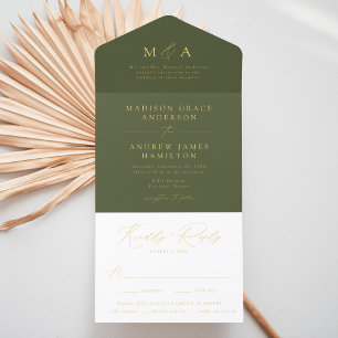 Moderne Olive Green and Gold Foil Monogram Wedding All-in-One-Einladung