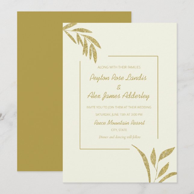 Moderne Olive Green Cream Gold Blätter Hochzeit Einladung (Vorne/Hinten)