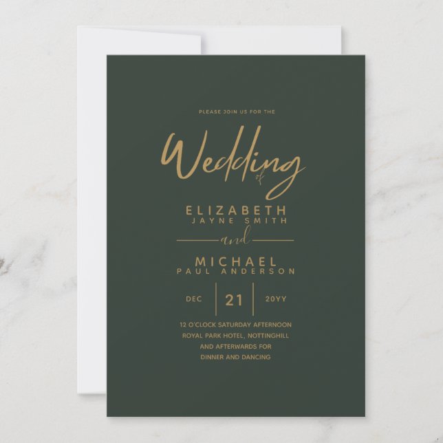Moderne Olive Green Gold Hochzeit lädt ein Einladung (Vorderseite)