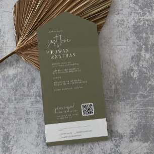 Moderne Olive Green Just Liebe QR Code Hochzeit All In One Einladung