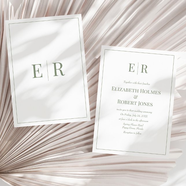 Moderne Olive Green Monogram Non Foto Wedding Einladung (Olive Minimalist Monogram Non Photo Wedding Invitation on a sunny neutral dry palm leaf.)