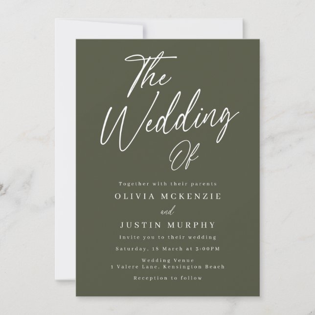 Moderne Olive Green Script Wedding Einladung (Vorderseite)