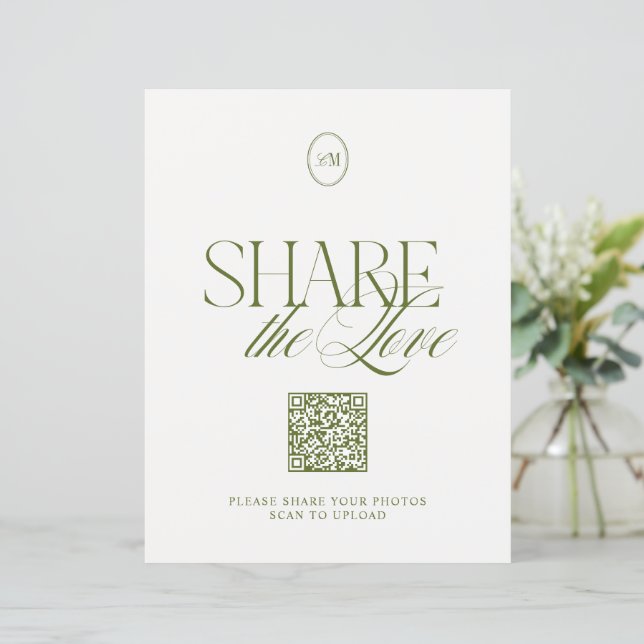 Moderne Oliven-grüne Share the Love QR-Code-Schild (Stehend Vorderseite)
