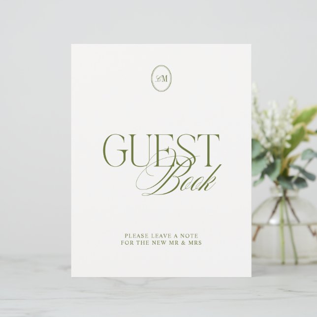 Moderne Oliven-Grüner Gästebuch-Hochzeitsschild (Stehend Vorderseite)