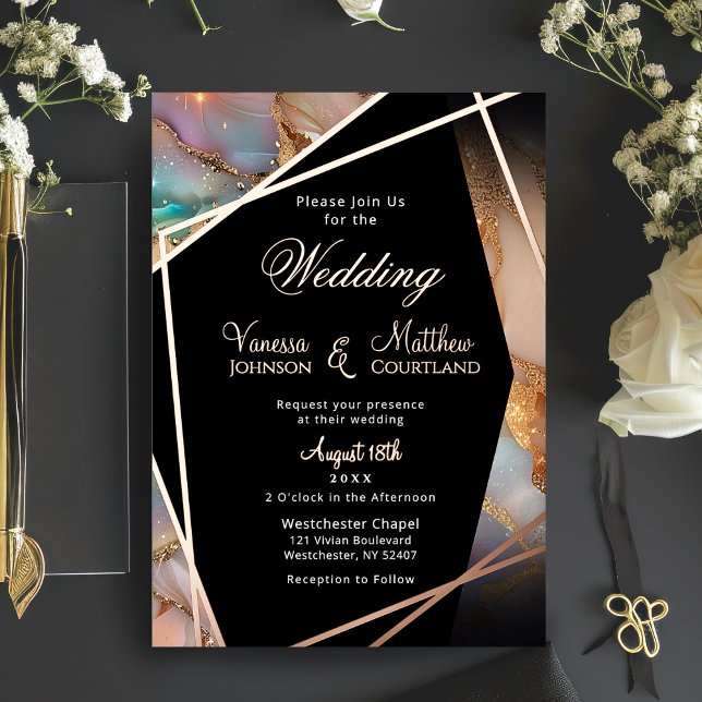 Moderne Opal Glitzer Geometric Frame Wedding Folieneinladung (Modern Opal Glitter Geometric Frame Wedding Foil Invitation)