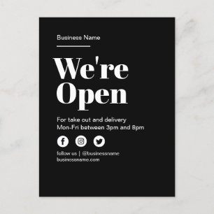 Moderne Open for Business Auszug Lieferung schwarz Ankündigungspostkarte