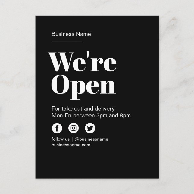 Moderne Open for Business Auszug Lieferung schwarz Ankündigungspostkarte (Vorderseite)