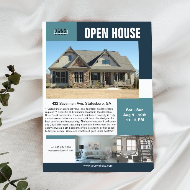 Moderne Open House 3 Foto Teal Anpassbar Flyer (Von Creator hochgeladen)