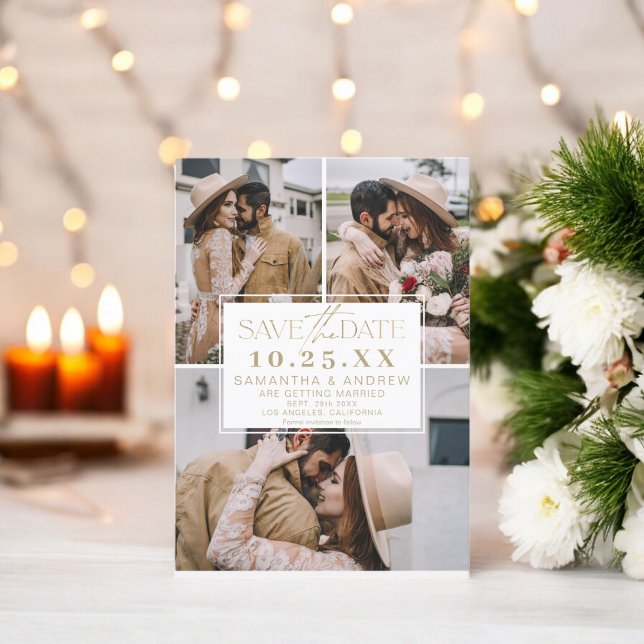 Moderne or gold save the date 3 photos grille de c (Modern gold save the date 3 photos grid collage)