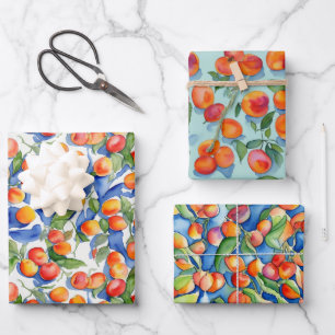 Moderne orange Aprikosen Pfirsichfrüchte Wasserfar Geschenkpapier Set