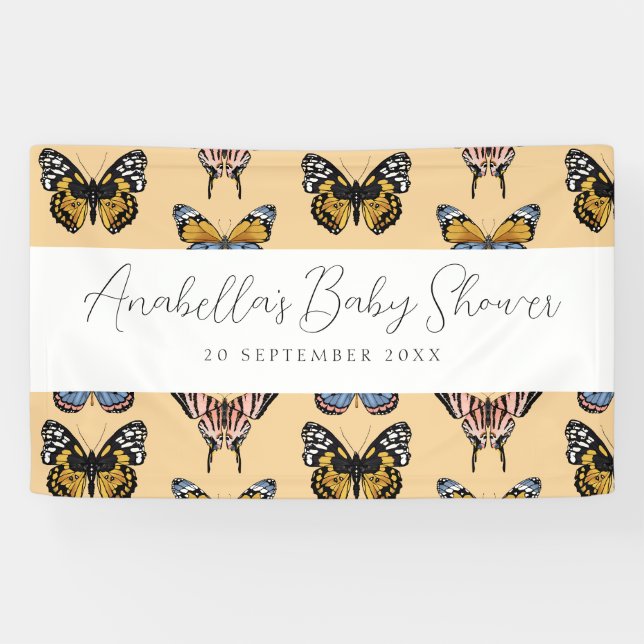 Moderne Orange Boho Butterfly Girl Babydusche Banner (Horizontal)