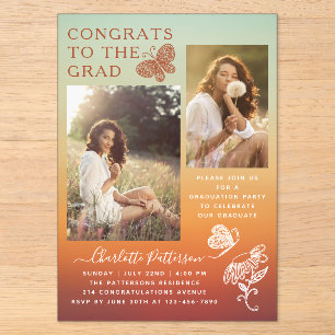 Moderne Orange Butterfly Foto Graduation Party Acryleinladungen