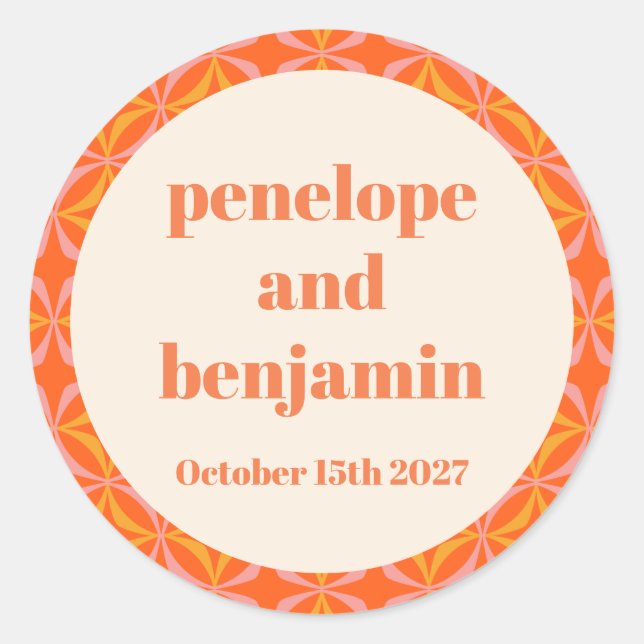 Moderne Orange Custom Wedding Mitte des Jahrhunder Runder Aufkleber (Vorderseite)