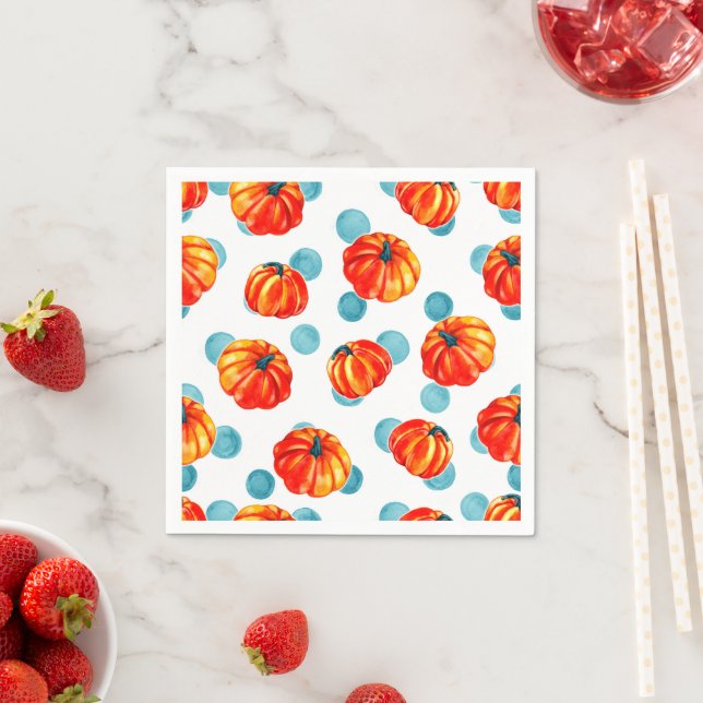 Moderne Orange Erntedank Pumpkin Blue Polka Dots Serviette (Beispiel)