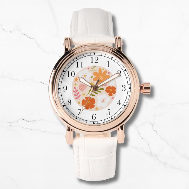 Moderne Orange Floral Trendy Stilvolle schicke Fra Armbanduhr (Von Creator hochgeladen)
