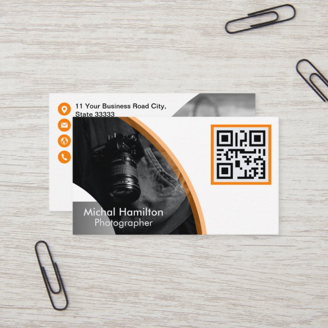 Moderne Orange Fotograf Business Card Visitenkarte (Vorderseite/Rückseite Beispiel)