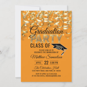 Moderne ORANGE Gold Glitter ABITUR-Party Einladung