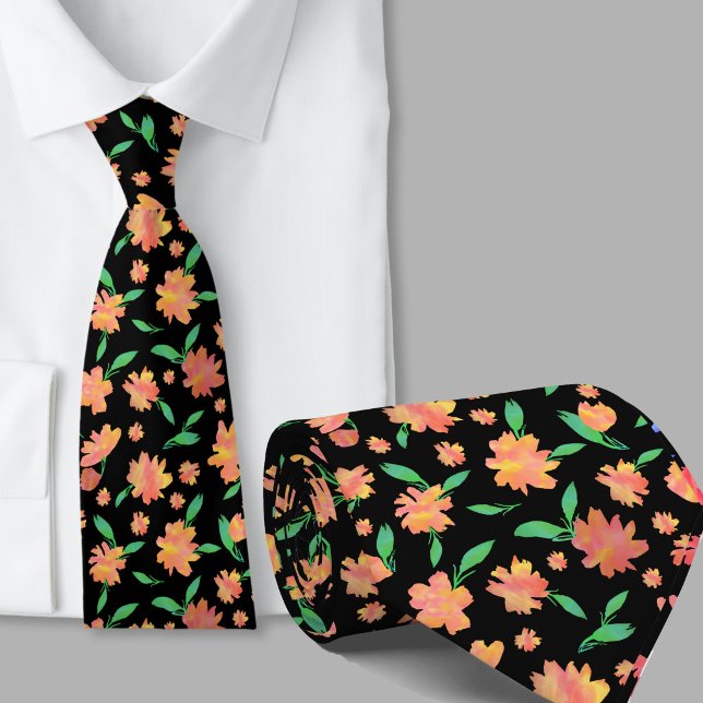 Moderne orange-grüne Aquarellblumen Krawatte (Von Creator hochgeladen)