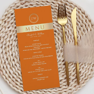 Moderne Orange Hochzeitsmenü Menükarte