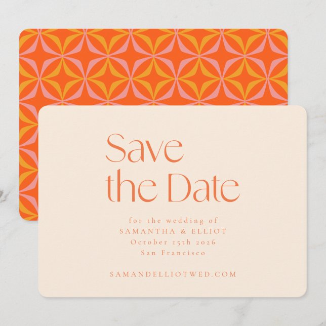 Moderne Orange Retro Geometrische Einfache Hochzei Save The Date (Vorne/Hinten)