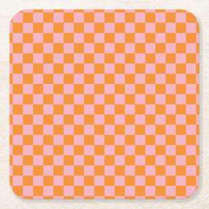 Moderne orange-rosa Schachbretter Halloween Rechteckiger Pappuntersetzer