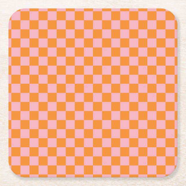 Moderne orange-rosa Schachbretter Halloween Rechteckiger Pappuntersetzer (Vorderseite)