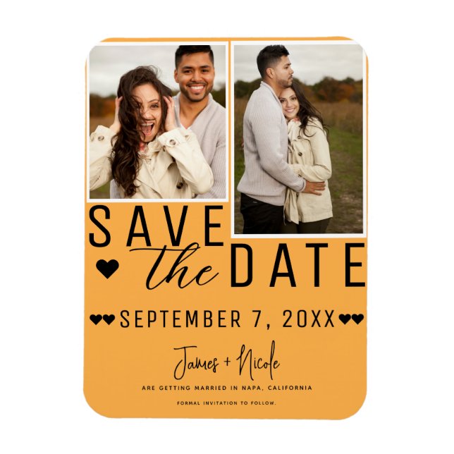 Moderne Orange Save the Date 2 Foto Hochzeit Magnet (Vertikal)