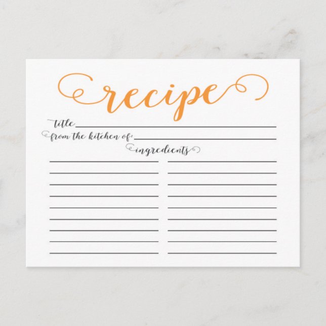 Moderne Orange Script Brautparty Rezeptkarten Postkarte (Vorderseite)