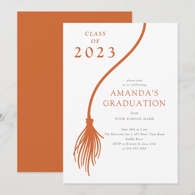 Moderne Orange Tassel Graduation Party Einladung (Vorne/Hinten)