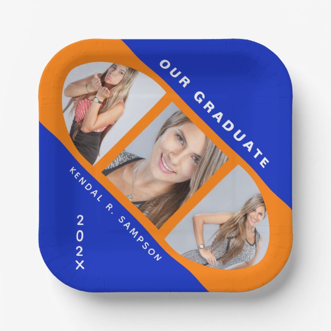 Moderne Orange- und Blue-Abschluss-FotoCollage Pappteller (Vorderseite)